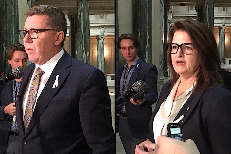 Premier Scott Moe and Carla Beck seen speaking to reporters Thursday.