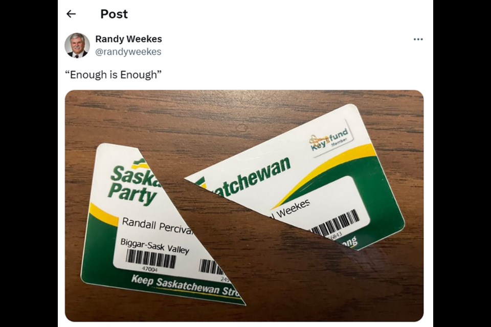 Randy Weekes tweeted this photo on Thursday of having torn up his Saskatchewan Party membership card.