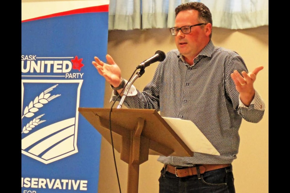 Jon Hromek, leader for the Sask United Party, spoke at a town hall meeting in Weyburn on Thursday evening, answer questions about the party's platform for the fall election.