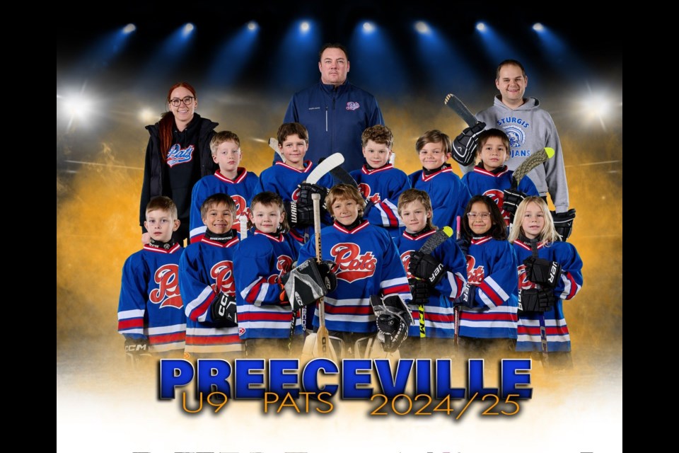 Members of the Preeceville U9 hockey team from left, were: (back row) coaches Erin Trowell,  Dean Serdachny, and Nathan Seghers; (middle) Ayden Borus, Dawson Serdachny, Jacob Seghers, Abel Eagelson, and Andre Genaille; and (front) Aiden Chupik, Axel Eagelson, Avery Storoschuk, Kage Babiarz, Blake Beatty, Chantelle Quewezance and Oliver Nelson. 