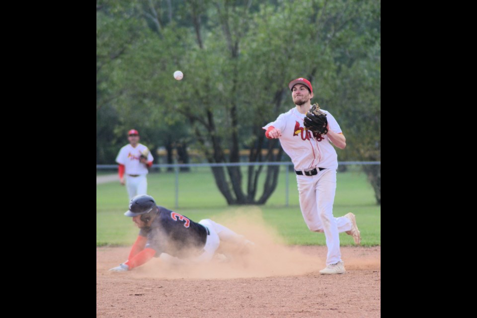 Unity Cardinals, Tanner Huber, makes a quick throw to get a double play against the Lloydminster Twins in a June 15 matchup.