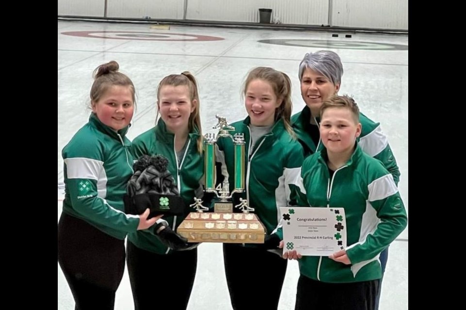 The 4H junior curling team representing District 18/19 won the provincial title in Weyburn, held Feb. 18-20. From left, were: Bristol Lindgren (lead), Paisley Wolkowski (second), Presley Vogel (third), Weston Lindgren (skip), and Jennifer Lindgren (coach). 