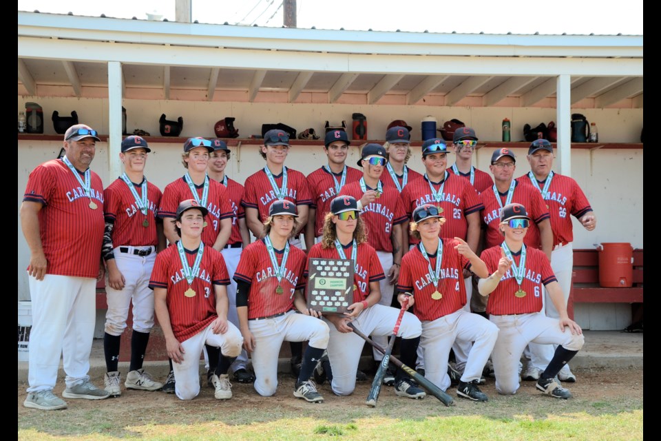 18U AA Tier 4 Saskatchewan champions, the Unity Cardinals. Left to right: back row, Coach Tyler Gilbert, Kaden Sperle, Ethan Bertoia, Dominic Sieben, Jayden Blanchette, Nick Hein, Zen Halter, Ethan Stifter, Jake Hein, Nash Sperle, Asst. Coach Aaron Sittler, Asst. Coach Darren Stifter; front row, Daxon L’Heureux, Zayden Wagner, Gabe Weber, Cruz Sittler and Brandt Gilbert.