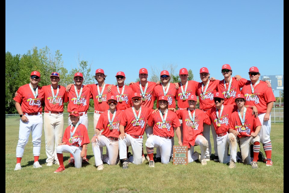 2024 Senior AA Tier 2 provincial champions, the Unity Cardinals: back row, Rhett Feser, Andrew Feser, Cory Wildeman, Hunter Sperle, Brandon Griffiths, Garin Scherr, Brayden Schultz, Carter Ralston, Davis Chorney, Skyler Mackie, Blaise Weber; front row, Jameson “JB” Gerein, Tanner Huber, Ethan Scherr, Braden Polreis, Thomas Snell, Thomas Feser, Colbey Frocklage.