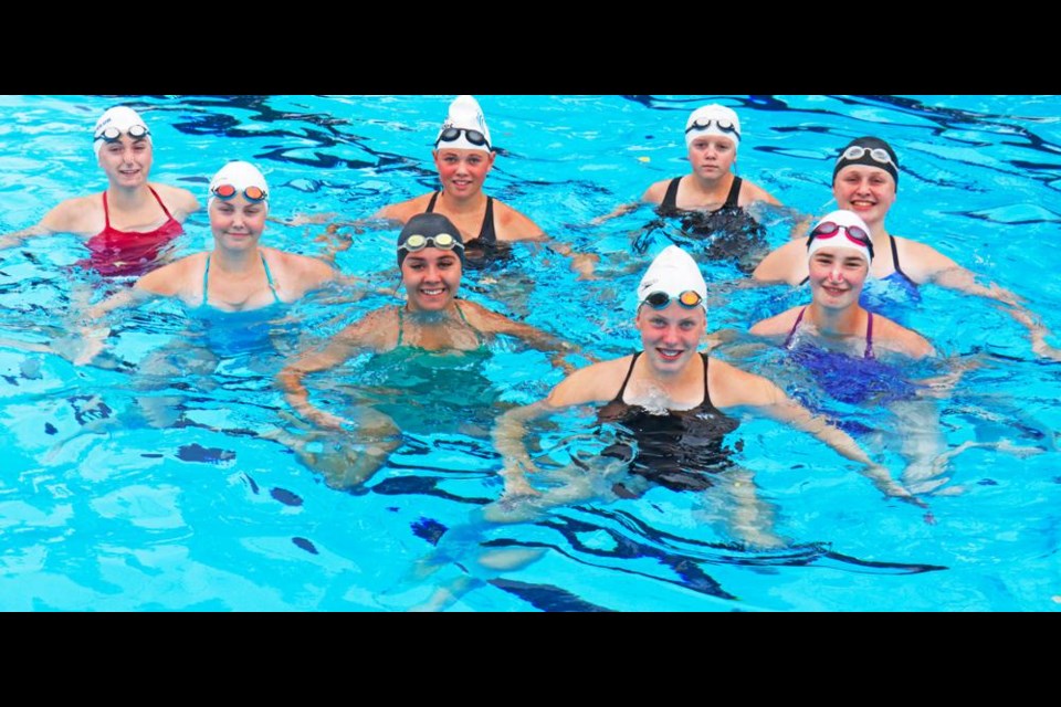 Members of the Weyburn and Artistic Swimming Clubs gathered in Weyburn's pool for a four-day training camp for the Winter Games in February. The girls include, in the row at back, Payton Caldwell, Marley Kradovill, Avery Wilson, Lily Popescu and Ava Allen; Haley Copeland, Ella Leko and Sasha Mantei are in the second row. 