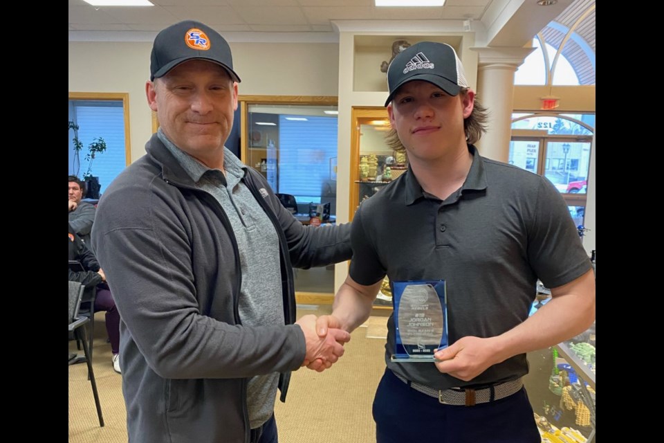 Jordan Johnson - 100 + Games in the PJHL
presented by general manager Brett Tiffen.