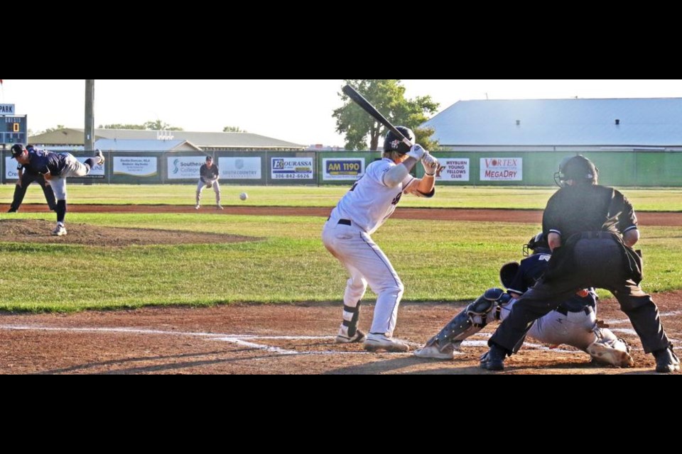 Weyburn Beavers player Ryan Muizelaar is at the plate, during their home game vs the Sylvan Lake Gulls.