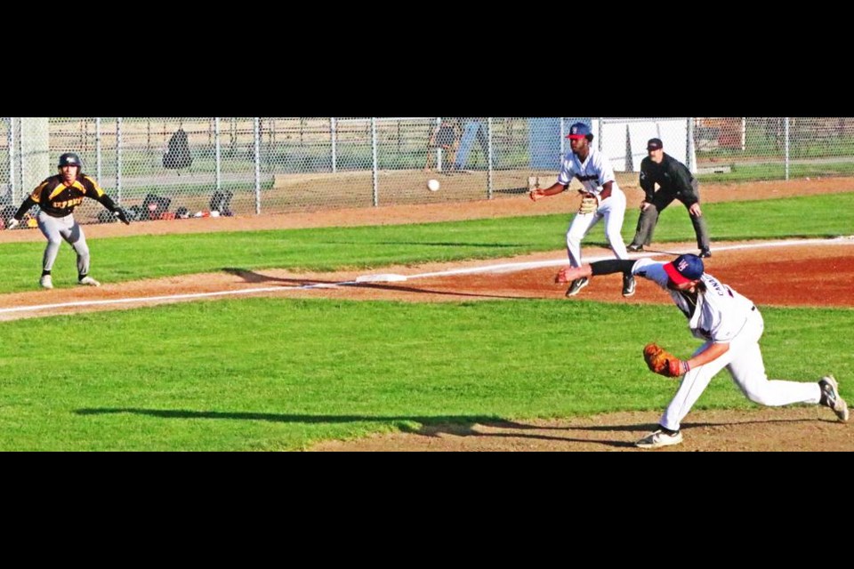 Pitcher Ryan Meyer made the throw with a Moose Jaw runner watching on third base, early in the first inning of play.