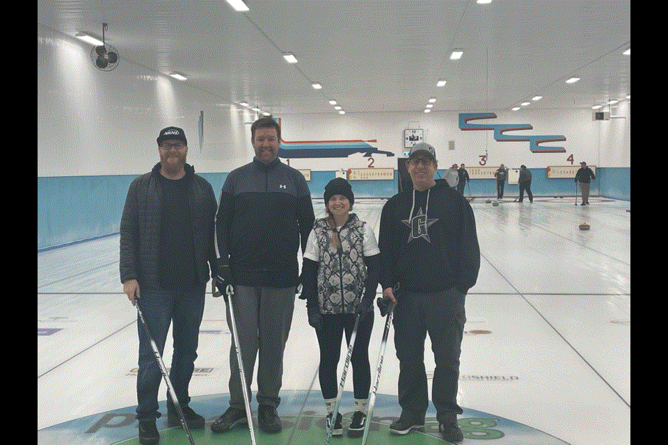 From left, the A division winners at the Carlyle Oilmen’s bonspiel were from Faber Electric. Corey Matt, Devin Faber, Kelly Matt, and Todd Thompson. 

