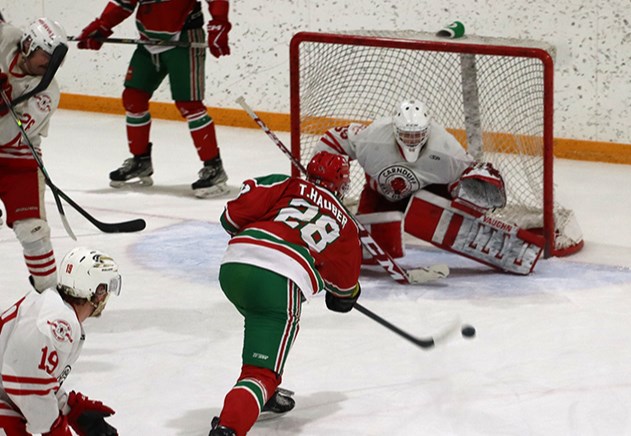 Tomas Hauber of Canora blasted this shot past the Carnduff goalie to give the Cobras a 2-0 lead late in the first period of Game 2 of their provincial playoff series. The Cobras won the first-round series 2-0.