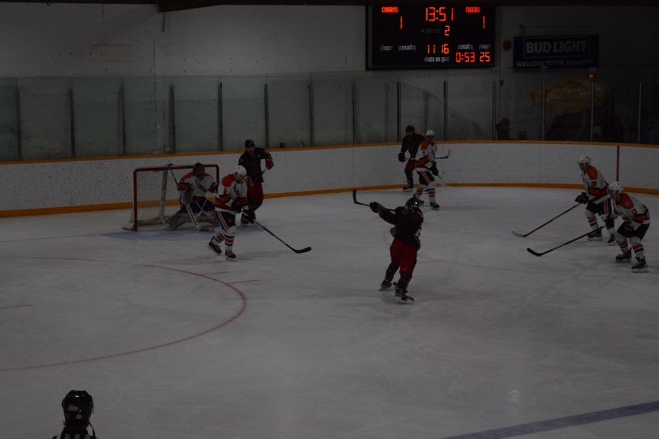 Austin Severson opened the scoring for the Cobras by beating the Rocanville goalie with this blast at the Canora Civic Centre on Feb. 3.