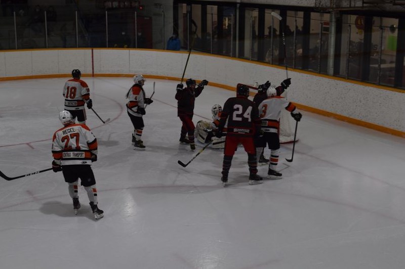 Canora players celebrated a third period goal by Brandon Whitehawk of Kamsack to close the gap to 4 to 2, but unfortunately they couldn’t get any closer against the visiting Rocanville Tigers on January 29. / Rocky Neufeld