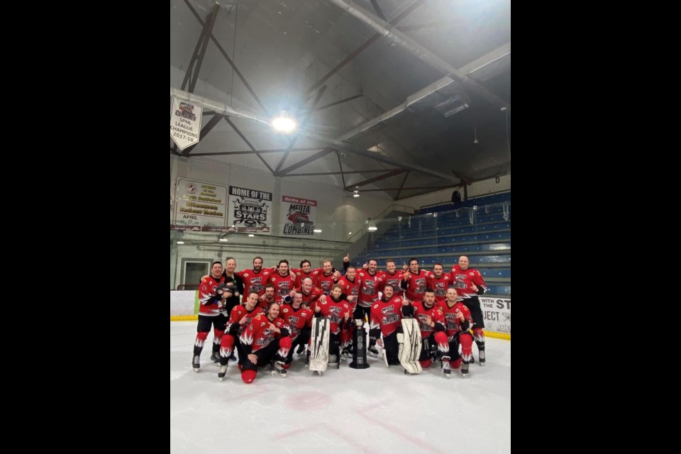 The Meota Combines celebrate their SPHL title on home ice at Access Communications Centre.