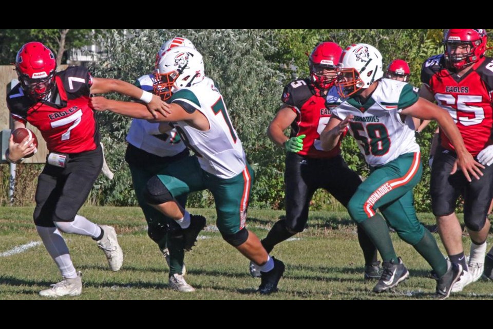 QB Nolan Uhren of the WCS Eagles got away from Moose Jaw Peacock attackers on this play on Tuesday afternoon.