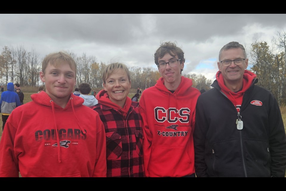 Representing Canora Composite School at cross-country provincials near Humboldt on Oct. 12, from left, were: Kayden Harder (U16 boys), Leona Kitchen (coach), William Sliva (U15 boys) and Thomas Lowes (coach).