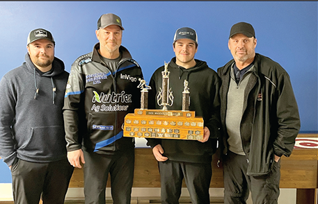 The Swan River Curling Rink hosted the Duck Mountain Super League Championship on Dec. 20. The Brandon Zuravloff rink of Canora defeated Fred Perepiolkin of Kamsack to take home the championship. The winning team, from left, included; Brandon Zuravloff, Rob Zuravloff, Lane Zuravloff and Lenard Bazarski.