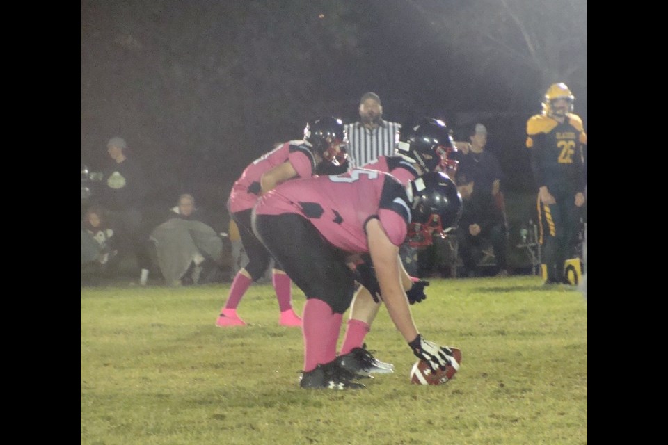 The Biggar Blazers put up a good fight against the Unity Warriors, Sept. 27. The Warriors, who was hosting only one lights game during the regular season, decided to use the evening to raise awareness, and some cash, for the Canadian Breast Cancer Foundation. To show their support, the hometown boys donned their pink jerseys and socks for the game.                               