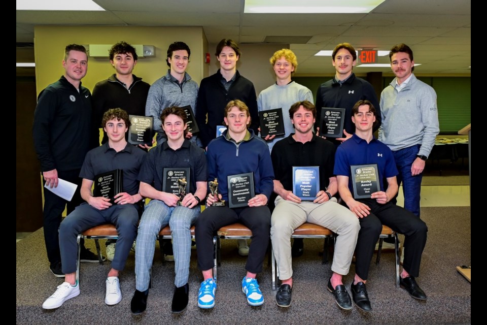 Award winners for the Eagle Sky Estevan Bruins gather for a group picture.