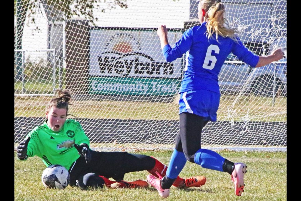 Goalkeeper Ruby Bettes kept this ball out of the net, during Weyburn's game vs Swift Current on Saturday morning.