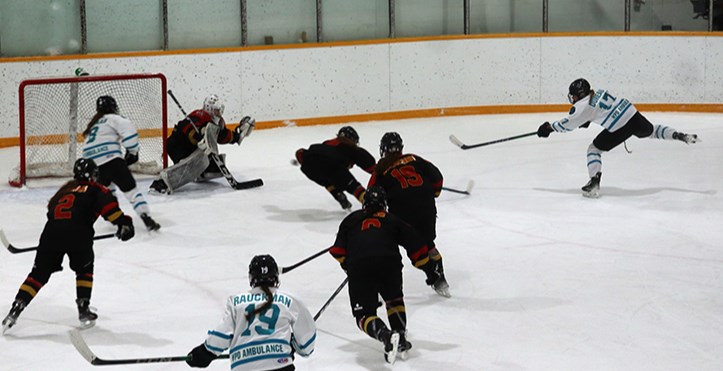 One of the most exciting games during Hockey Day in Saskatchewan held in Canora came on Jan. 18 in Saskatchewan U18 Female AAA Hockey League action between the Regina Rebels and the Battleford Sharks. The Rebels jumped out to a 2-1 lead in the first period, and that score held until the dying minutes of the third. But then Danika Dureau really made her presence felt, scoring the tying goal to force overtime. 