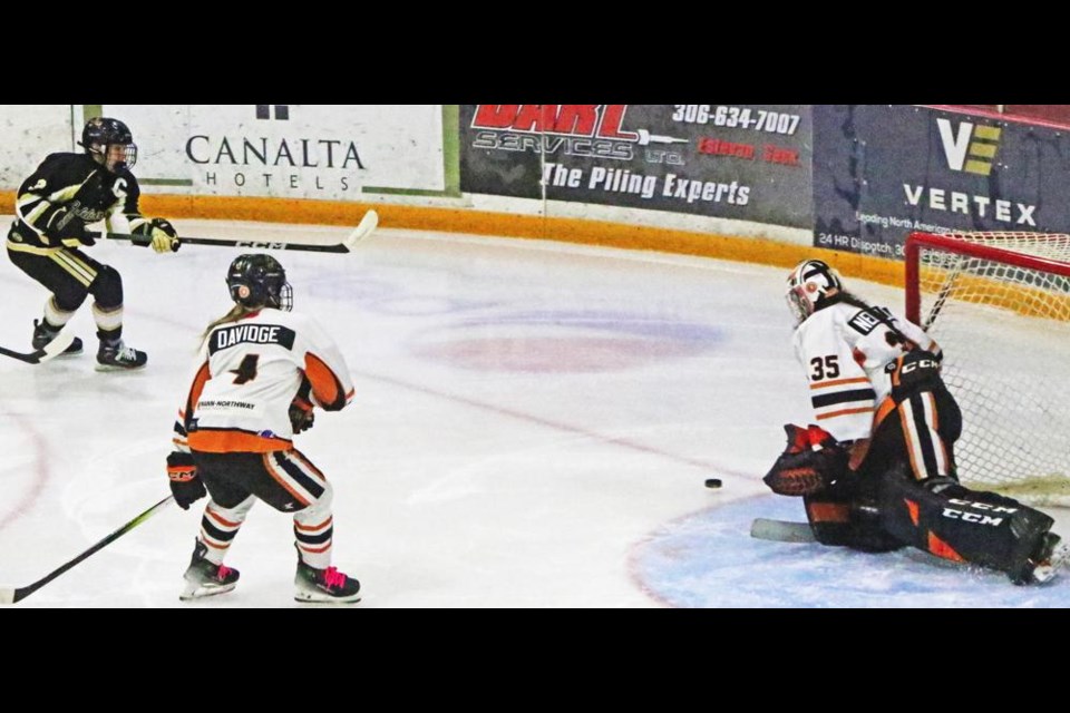 Gold Wings captain Kiah Shields fired in a shot on net early on in the action on Saturday vs Prince Albert.