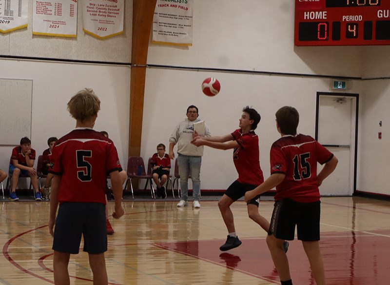 The Preeceville Panthers visited Canora to take on the Cougars junior boys volleyball team on Oct. 22. Kasen Heshka dug out this ball from the Panthers. 