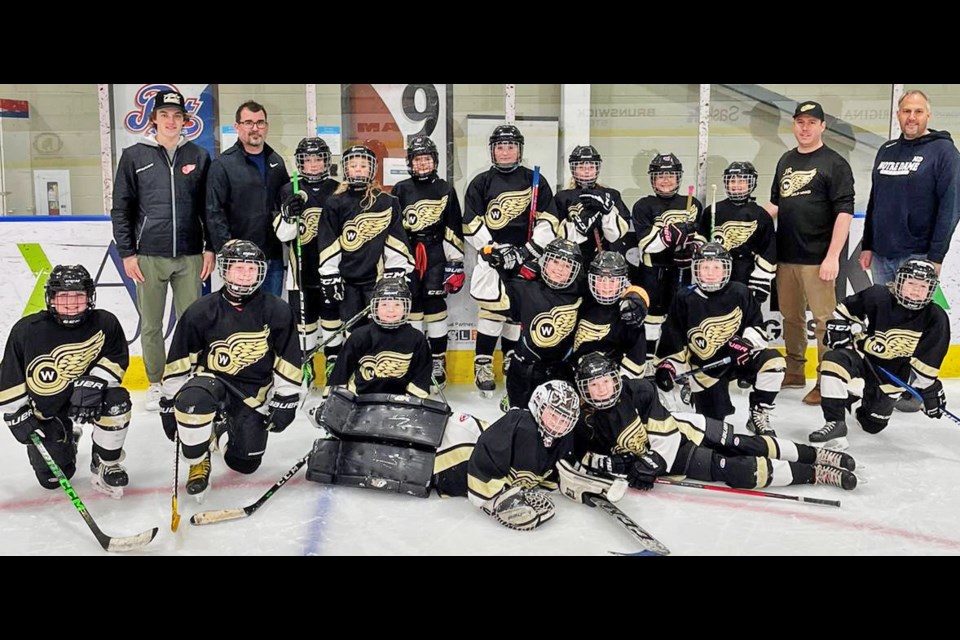 These are the coaches and players for the Jr. Gold Wings at the Regina tournament recently. Back row, Quinn Mantei, Scott Walton, Avi Mack, Hunter Sands, Isla Steeves, Kallie Morrice, Denver Marshall, Teaghan Meyers, Berkley Simpart, Mike Weger, Randy Steeves; second row, Josie Cugnet, Isla Roberts, Paisley Logel, Olivia Walton, Abigail Weger, Ella Lillejord, Payton Bell; front row, Bree Tuchscherer, Brynn Riege