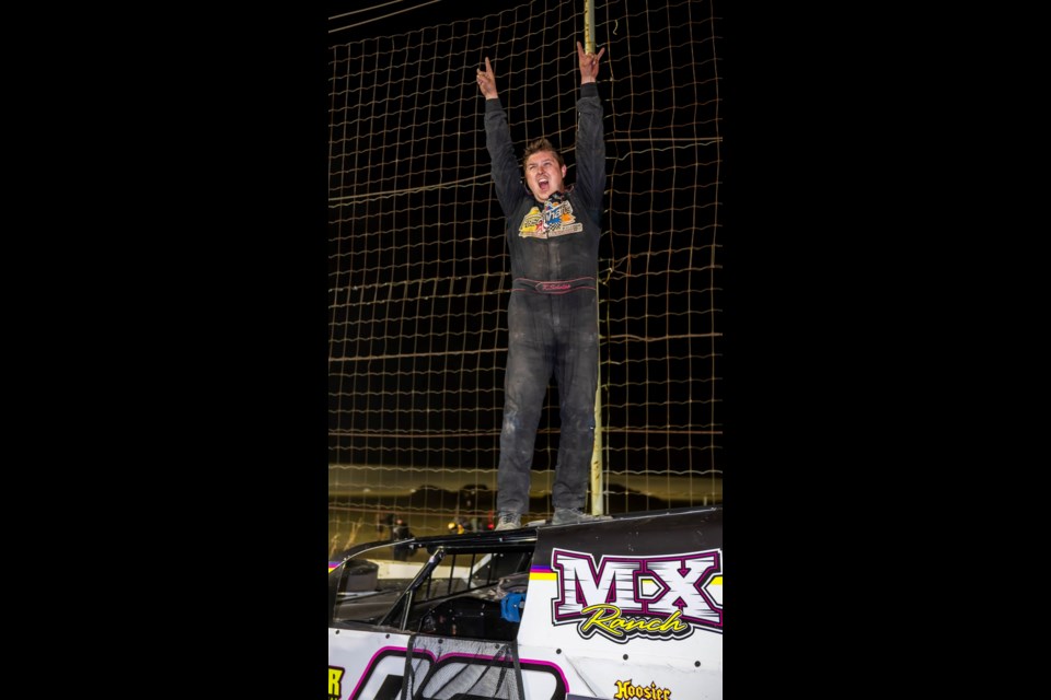 Estevan’s Kody Scholpp celebrates after winning the Dakota Classic Modified Tour feature race at the Estevan Motor Speedway on Monday night. 