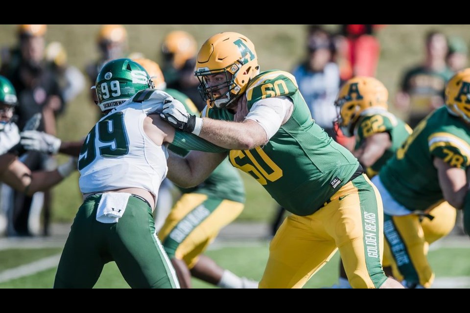 Peter Kozushka, who has connections to Canora, attracted attention from CFL scouts while he excelled as an offensive tackle, wearing number 60 for the University of Alberta Golden Bears football team. / Photo Credit Golden Bears & Pandas Athletics