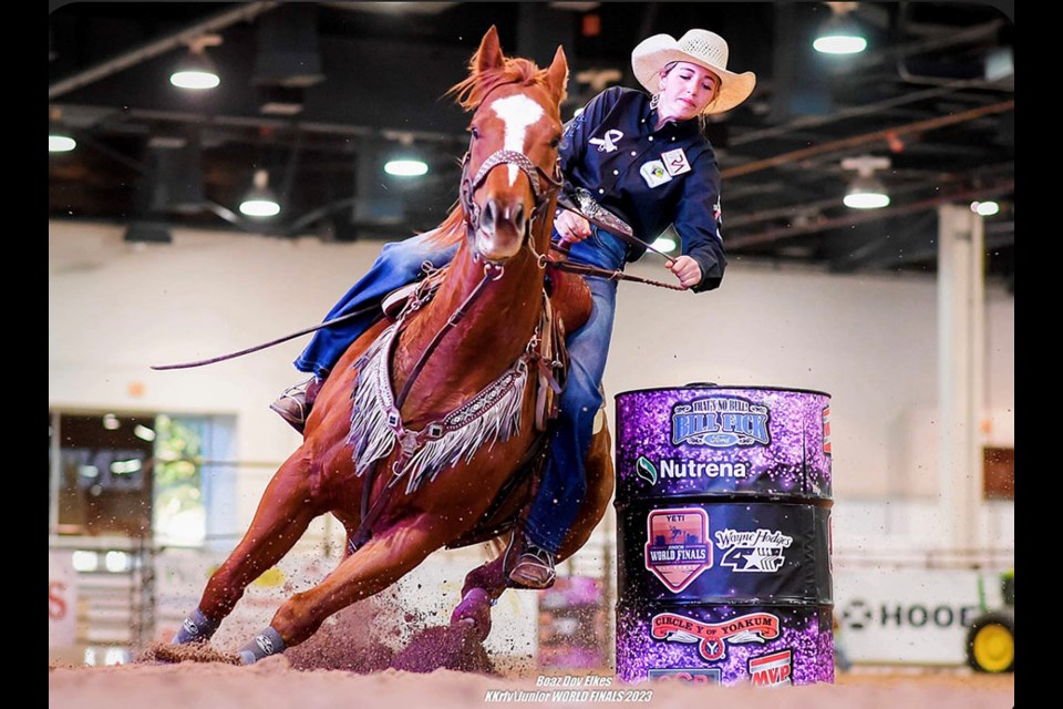 Marty Salmond barrel racing at the 2023 World Youth Finals.