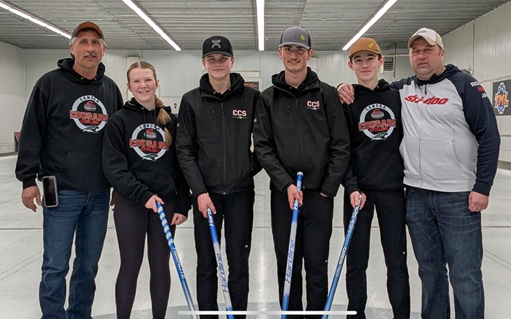 After winning silver medals at the regional curling playoffs in Lampman on Feb. 28- March 1, the mixed foursome from Canora Composite School is off to Unity for provincials on March 7-8. Team and family members, from left, were: Craig Ostafie, (Owen's Dad), Paisley Wolkowski (lead), Joshua Prychak (second), Owen Ostafie (third), Jordan Zbitniff (skip) and John Zbitniff (Jordan's Dad). 