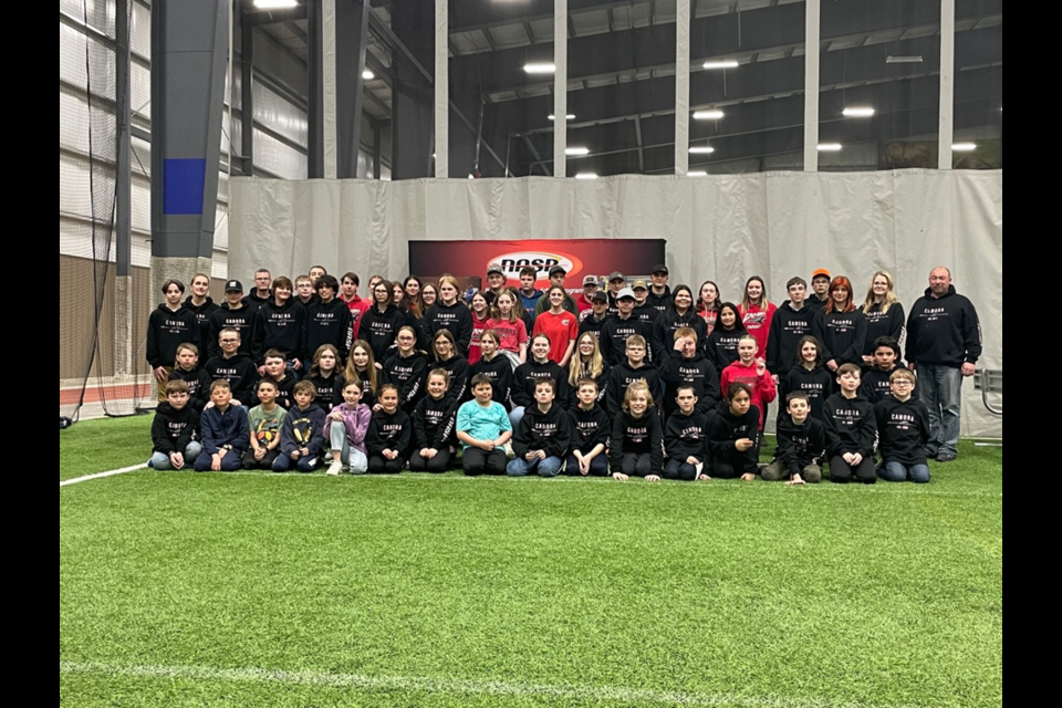 Archers who represented Canora at Provincials in Moose Jaw in the National Archery in the Schools program, from left, were: (back row) Jackson Palagian, Jennifer Prychak (coach), Josh Prychak, Thomas Lowes (coach), Chase Curtis, Jacob Lowes, Ferlyn Brass, Liam Trask, Jacob Rewakowsky, Sofia Tratch, Sophia Hvidston, Olivia Tratch, Falyn Ostafie, Natalie Kosar, Jessee Kopelchuk, Tessa Prychak, Paisley Wolkowski, Noah Prychak, Chloe Doogan, Maddy Dutchak, Jace Wolos, Cooper Kraynick, Makayla Heshka, Porter Wolkowski, Ashton Strelioff, Kale Strelioff, Brandyn Woicichowski, Gasper Thomas, Hayden Strelioff, Latifah Severight, Meadow Ostafie, Methyl Trask, Zoe Thomas, William Sliva, Landin Ball, Mickayla Maygard, Lisa Fast (coach) and Rod Steciuk (coach); (middle row) Kolton Unick, Chance Weinbender, Ty Korol, Addison Burym, Jayden Burym, Kirsten Snoeij, Rori Love, Mahra Collingridge, Meekah Unick, Merrick Derkatch, Levi Lowes, Seth Propp, Kenzee Kopelchuk, Abigail Boulanger and Gabby Ball; and (front row) Ben Burkatsky, Logan Menton, Roman Zaika, Jayden Dergousoff, Talia Collingridge, Cora Tomcala, Isabelle Kondratoff, Lucas Bushell, Odin Fullawka, Bentley Bodnar, Skyler Brass, Kaiden Brodeur, Echo Stevens, Archer Saunders, Camryn Burym and Declan Unick.