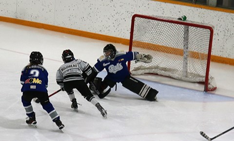 Timely saves like this one by Braden Skibinsky were a big reason why the U11 Preeceville/Canora Pats defeated the Kamsack Flyers 4-3 on Jun. 19 during Hockey Day in Saskatchewan.