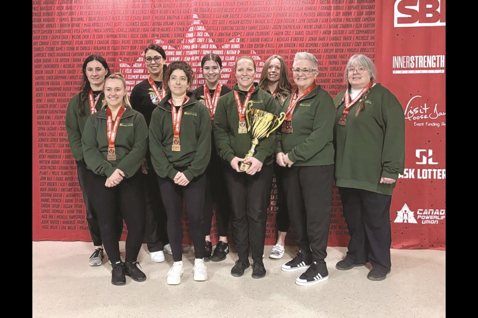 Several athletes from the Saskatchewan Powerlifting Association participated in the 2025 Canadian Powerlifting National Championships, held in Moose Jaw February 23 to March 1. Pictured from left to right are: Charlene Cossar, Amanda Wall, Krista Sandney, Milayna Goruick, Natalie Butz, Rhaea Stinn, Kate Douglas, Mava Brydges, and Gwen Grasdal, who competed in the equipped bench-only event. Stinn won the best overall female open equipped bench press award.