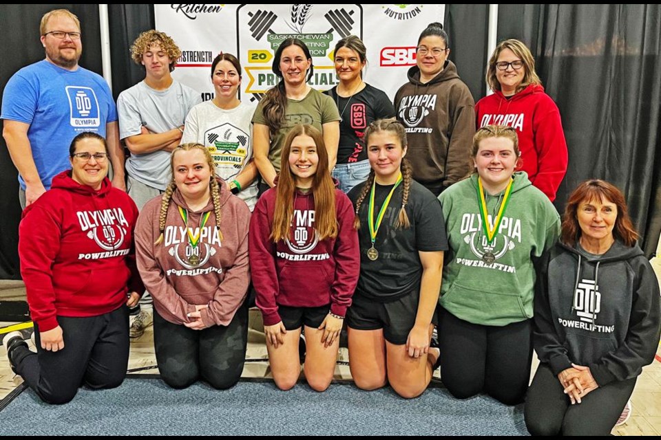 Members of the Olympia In Depth powerlifting team gathered following the provincial powerlifting championship held over the weekend at Knox Hall, with a number of medals won. In the back row are Ryan Fowler, Kieran Hamel, Franki Nault, Charlene Cossar, Kristen Balog, Joselene Keating and Pam Scott. In front are Heidi Fowler, Mykelle Doud, Calla Hrynewich, Natalie Butz, Mickenzie Whitfield and Marnel Spencer.