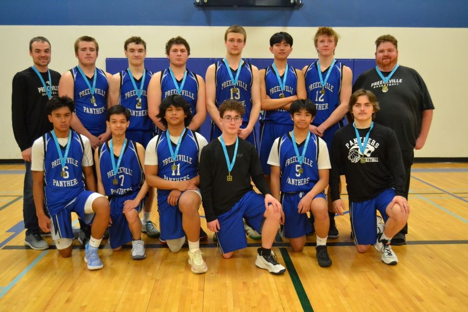 Members of the Preeceville School Senior Boys Basketball team from, left, are: (back row) Jay Steppan, coach, Alex Neilson, Blake Descalchuk, Hunter Nelson, Porter George, Paul Gatchalian, Luke Sandager and Jeremy Mattison, coach and, (front)Dhexy Paligan, Seann Lavega, Ralph Grasparil, Kadin Bourassa, Jian Isican and Justice Stittle