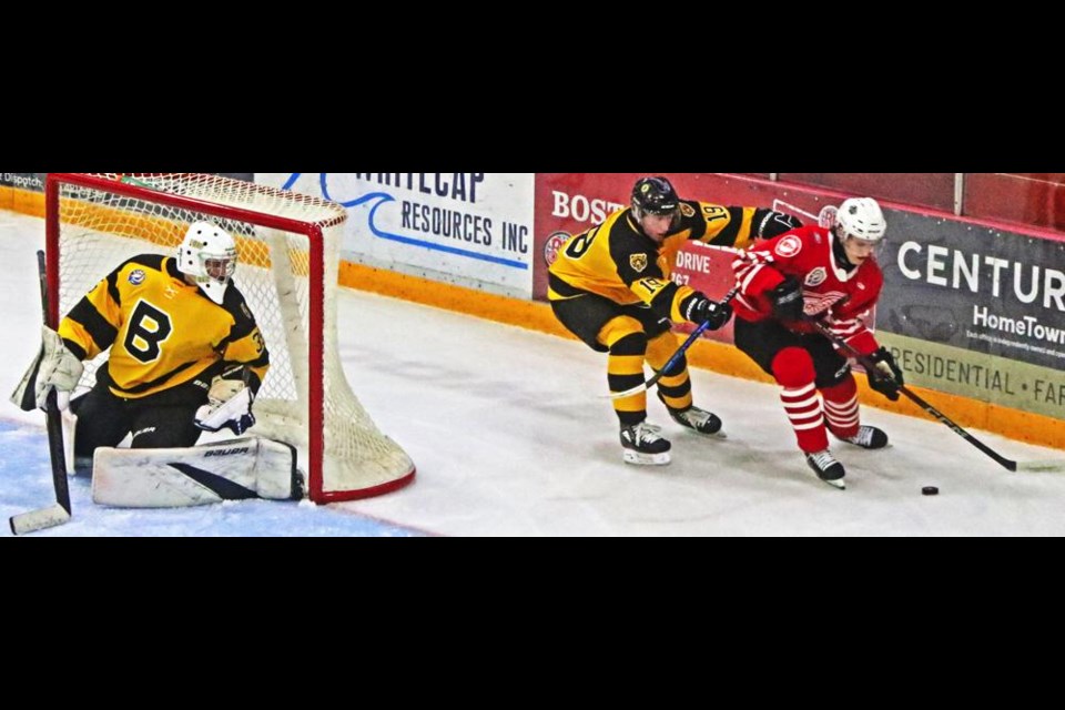 Red Wings player Carson Castro was chased with the puck behind the Estevan net on this play on Friday night.