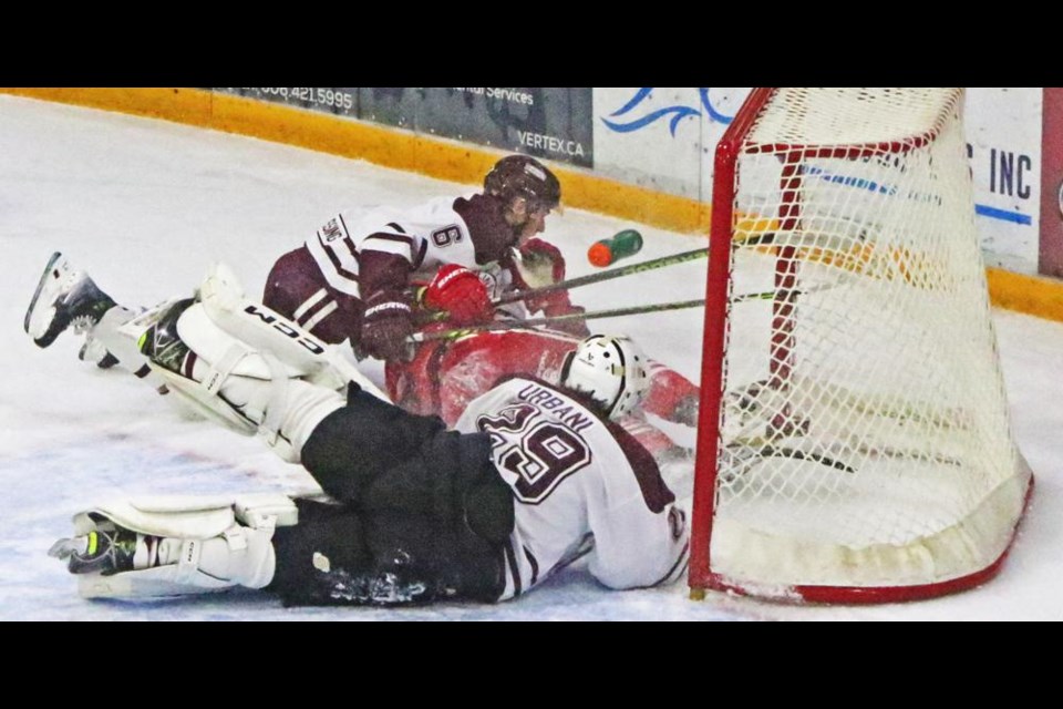 The net flew off its moorings after a Red Wing was shoved into it, just after the puck was flipped in for a goal, which was called after a short delay, making the score 2-0 on Friday.