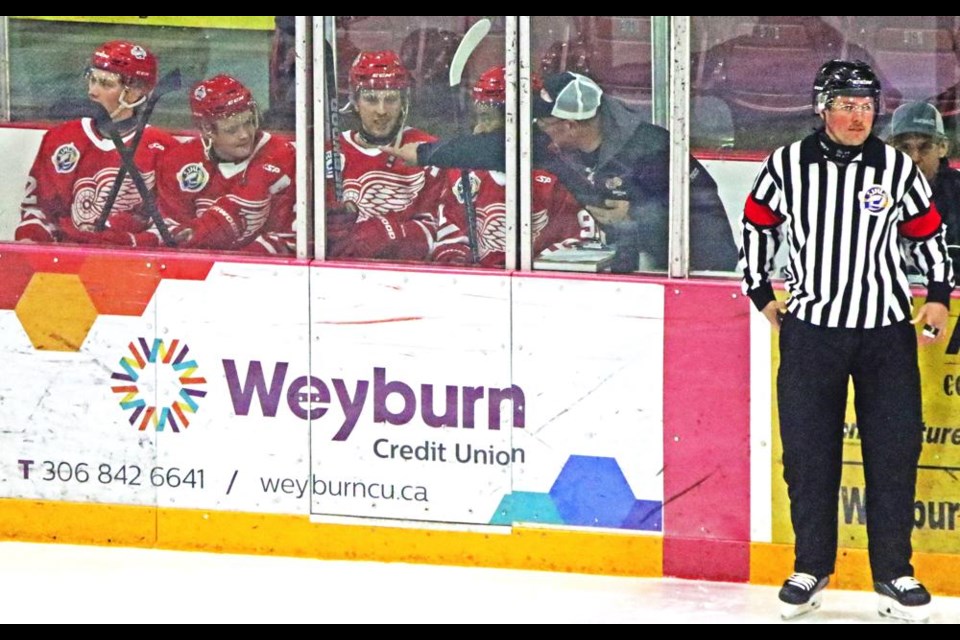 The entire starting lineup of players for the Red Wings were given 10-minute misconducts at the start of the game, apparently for not wearing the right gear during the warmup.