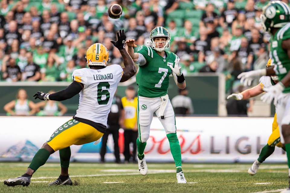 Saskatchewan Roughriders Quarterback Trevor Harris in action Thursday against the Edmonton Elks.