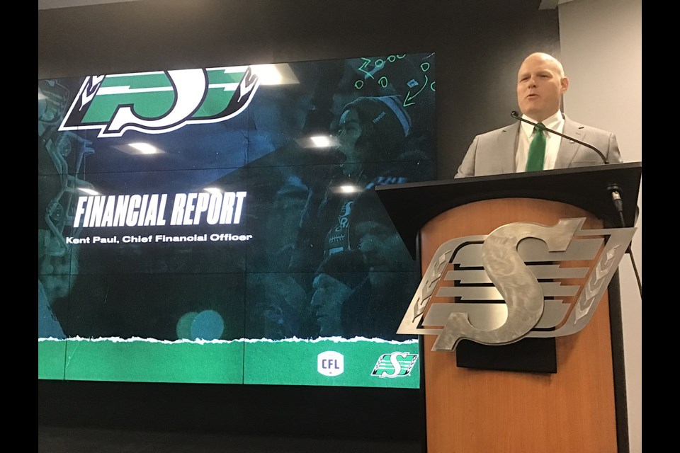 Roughriders Chief Financial Officer Kent Paul addresses reporters on the Saskatchewan Roughriders’ 2022-23 annual report.