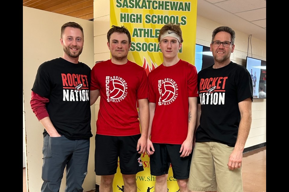 Badminton players and coaches were recently at SHSAA provincials. From left are coach Matthew Lothian, Keaton Hillmer, Ty Ried and coach Curt Hawkins.