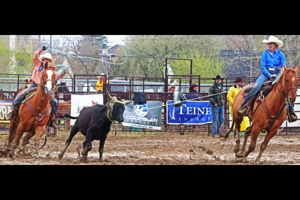 A team attempted to get both ends of this calf roped in the junior team roping event, but ended up taking no time.