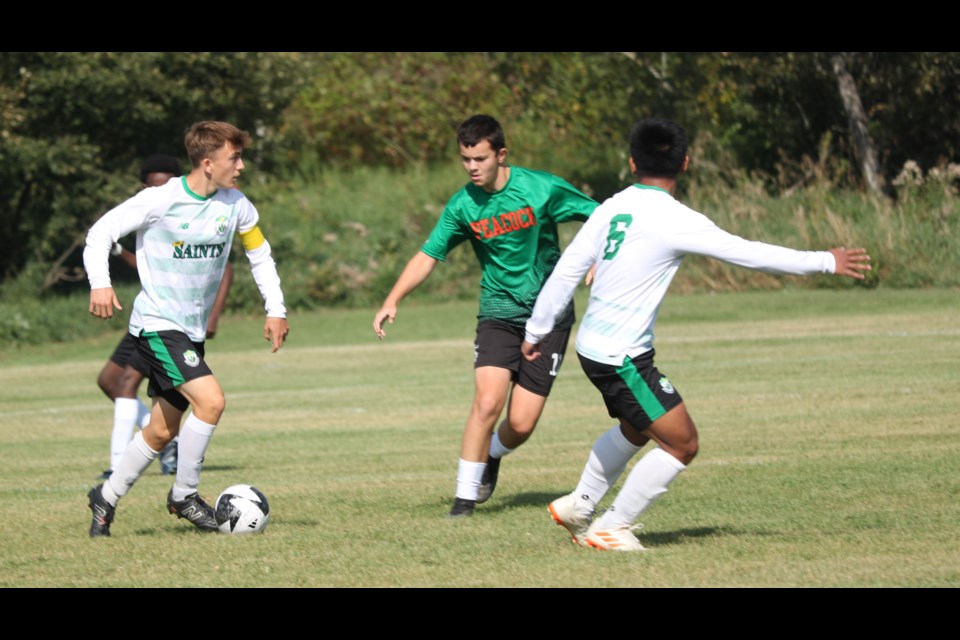 The Sacred Heart Saints boys team played their opening two games of the 2024 Moose Jaw Boys Soccer League against Moose Jaw Peacock/Cornerstone, winning that opener 16-0.