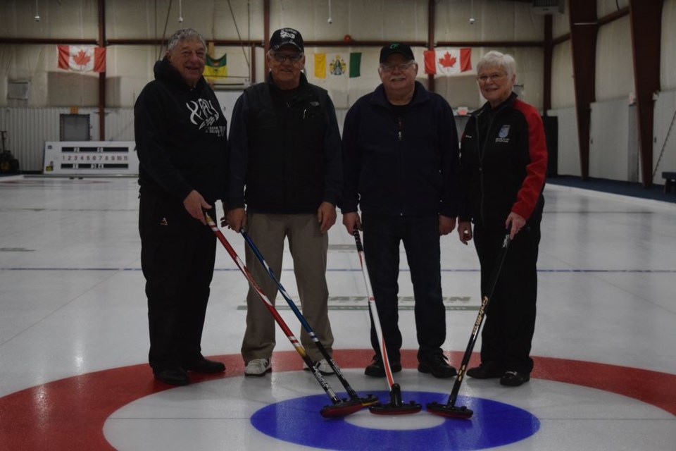 At the hotly contested Canora Senior Bonspiel held from March 7 to 10, the winning team, from left, was: Ron Hoehn, skip; Robert Waselenko, third; Brian Herriges, second, and Maxine Stinka, lead.