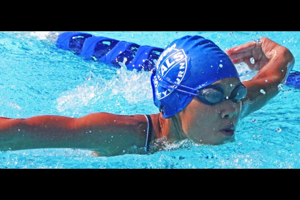 A Silver Seal swimmer does the butterfly stroke in a heat held on Saturday at the Weyburn Leisure Centre.