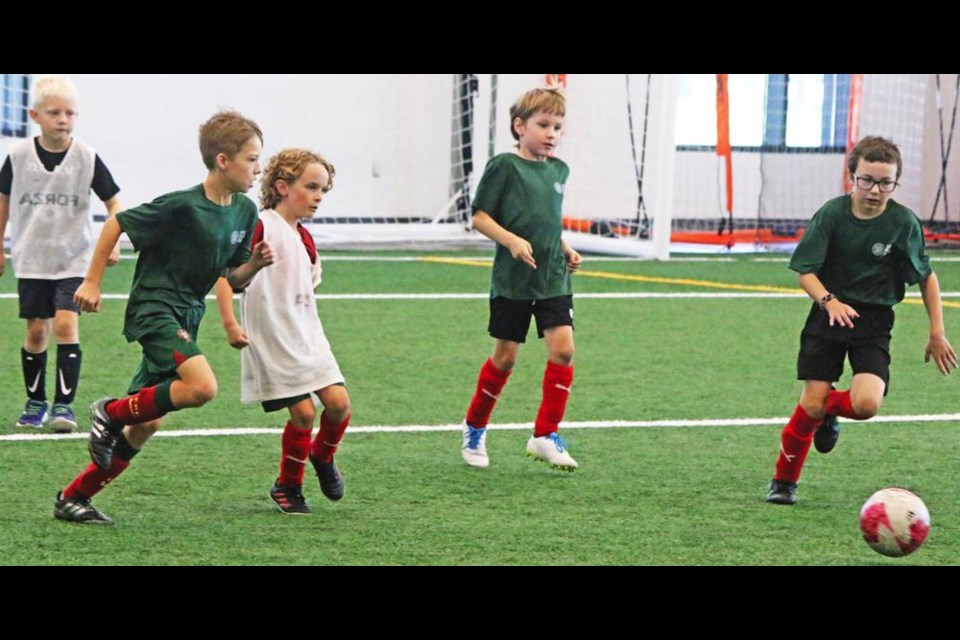 Soccer players took part in a drill exercise as part of the Celtics soccer camp ongoing all week at the Credit Union Spark Centre. This is the younger age group, from six to 10 years, who attend camp in the mornings.