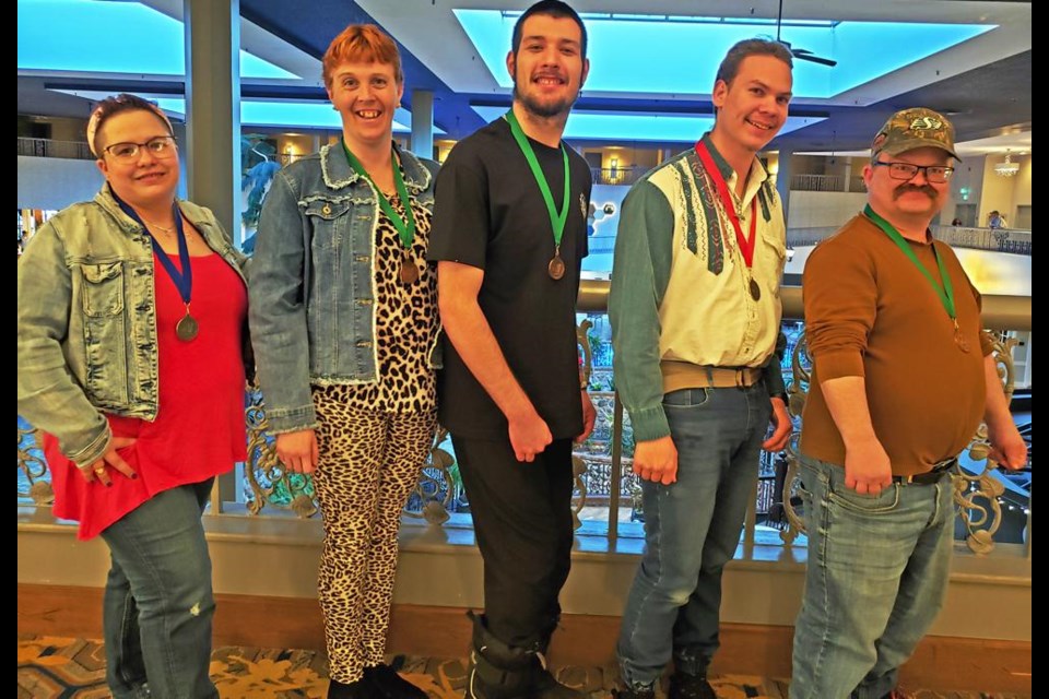 The Weyburn Special Olympics bowling team attended the "Bob Pedde" bowling tournament in Saskatoon over the weekend. On
Saturday the singles tournament was held with all 5 earning medals in their divisions. Robin Stelter won Gold; Brendan Gall won Bronze; Jordan Williams won Bronze; Leah Whitrow won Bronze
and Devon Jensen won Gold.