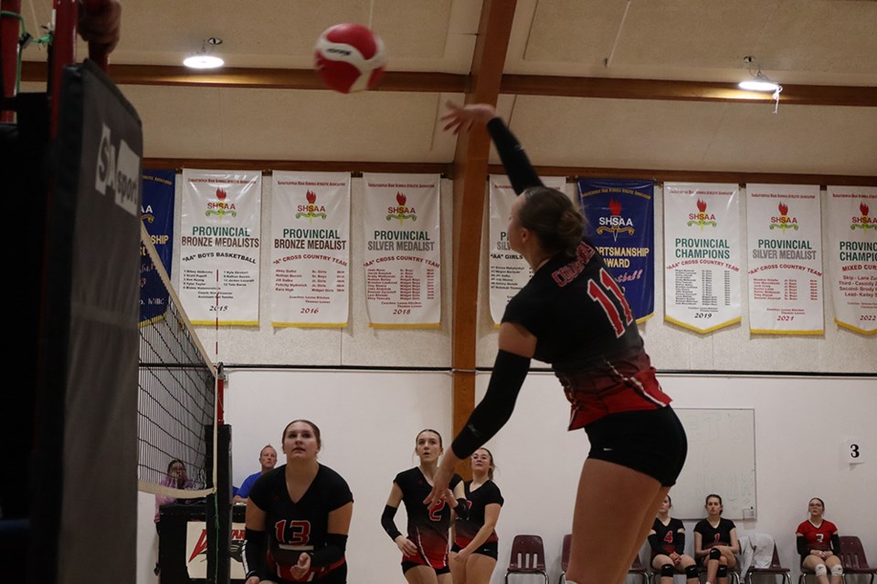 Flying high, Miah Ruf of the CCS Cougars hammered this ball over the net. in the match versus Invermay 2 at the Canora senior girls volleyball tournament on Oct. 26. 