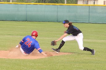 Kody Rock slid into second with double and scored the first run and only Supers run of the game in Canora against the visiting Parkland Pirates on June 26.